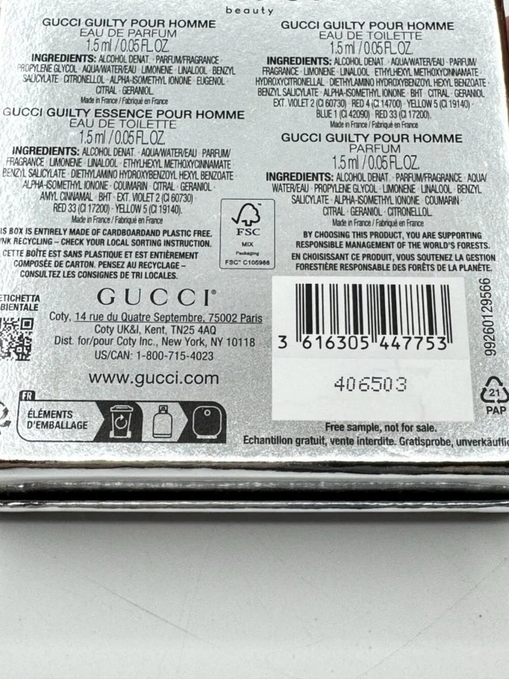 Gucci Beauty 4pc Perfume Sample Set FOR MEN .05 oz each NIB Free Shipping